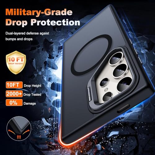 Image of DIZORO TPU Samsung Galaxy S23 Ultra Case Compatible with Wireless Charging,with Camera Stand,Military Grade Drop Tested,Translucent Hard Back Soft Edge Back Cover (Black)