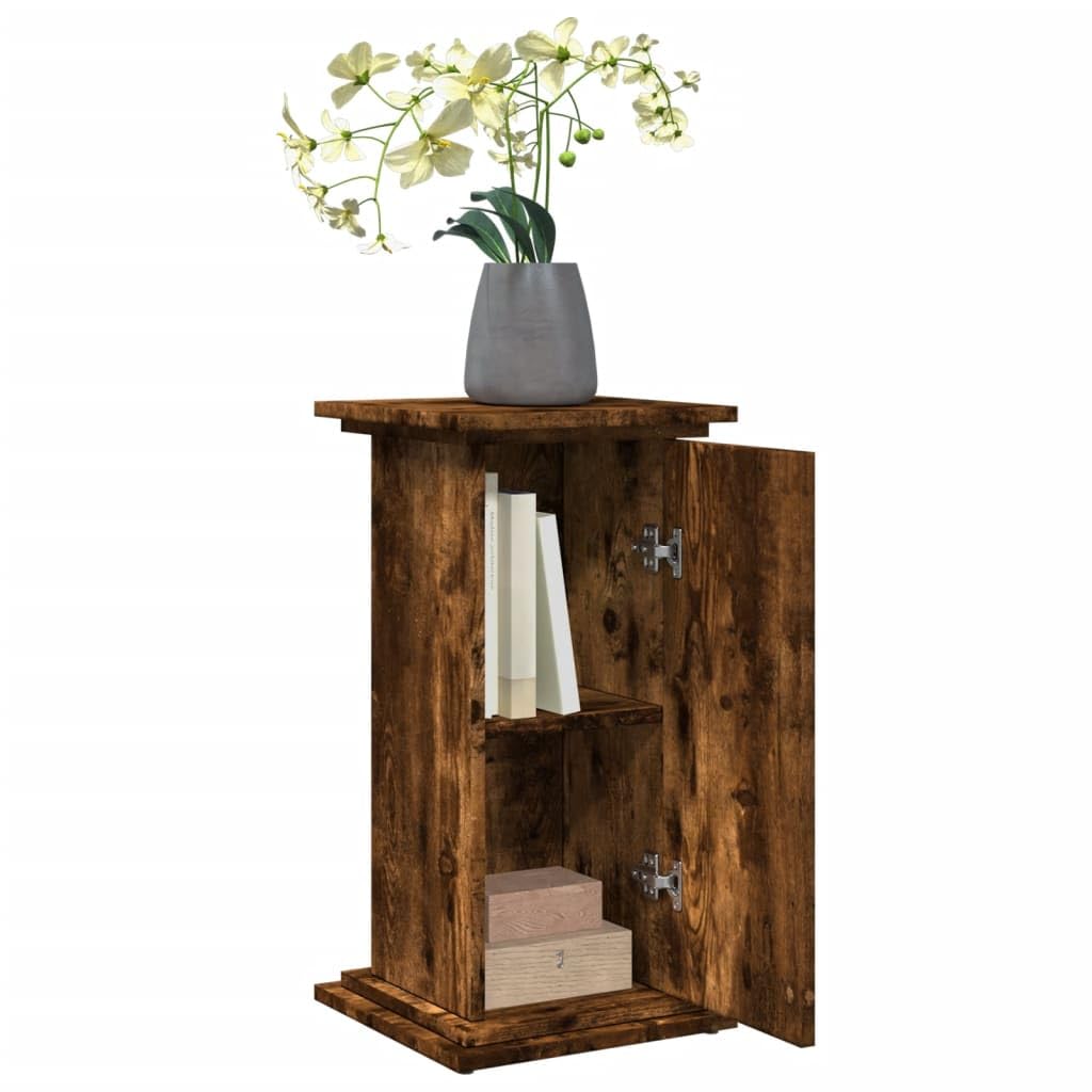 Stojak na kwiaty w kształcie kolumny z drewna dębowego wędzonego z trzema przegródkami, kwadratowa płyta górna i regulowane drzwiczki – 31 x 30 x 60 cm, łatwy w pielęgnacji i stabilny.