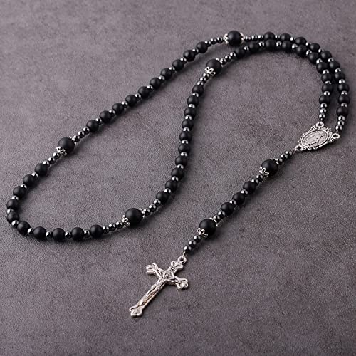 HanlinCC 6mm Black Glass Beads with 4mm Hematite Black Stone Beads Rosary Necklace with Miraculous Center piece and Crucifix pack in Velvet Gift Bag for Men and Women3