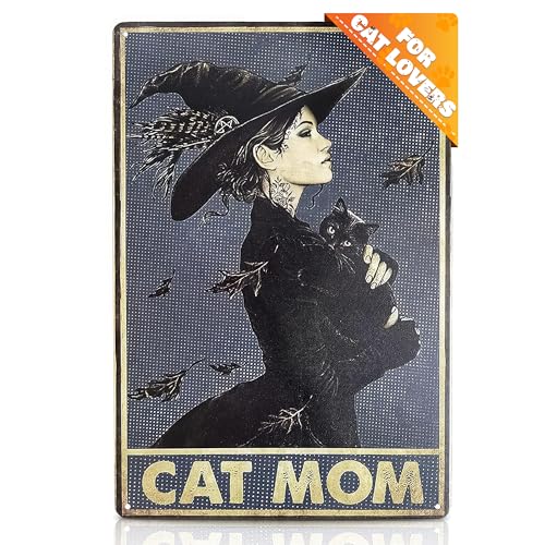 Black Cat Mom Vintage Witch Wall Art Decor Tin Signs Metal 8×12 Witch Decorations for Home Black Cat Decor Decorations for Room–Cat Decor Kitchen Decorations Goth Gifts