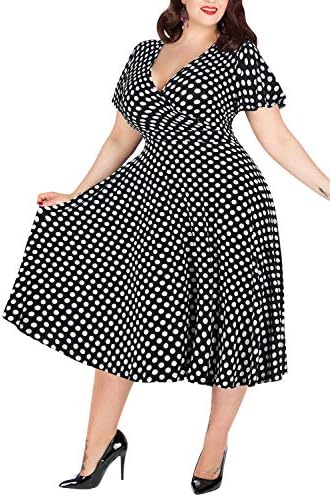 Nemidor® Women's V-Neckline Stretchy Casual Midi Plus Size Bridesmaid Dress (Black Dot, 26W)