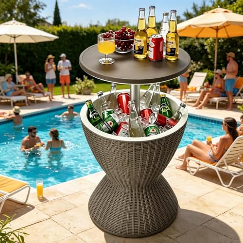Image of Tangkula Outdoor Cool Bar Table, Rattan Style Patio 8 Gallon Beer and Wine Cooler, All-Weather Ice Bucket w /Height Adjustable Top, Drainage Plug, 3-in-1 Cocktail Coffee Table for Party, Pool (Coffee)