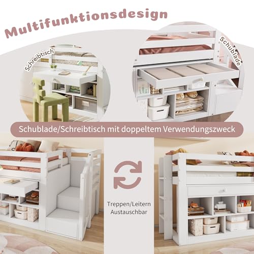 Kinderbett 90x200 Einzelbett, Hochbett mit Stauschrank, Schreibtisch und Treppe, Regal & Schubladen & Schließfach, Holzbett Stauraumbett Funktionsbett Jugendhochbett mit Lattenrost,Ohne Matratze,Weiß
