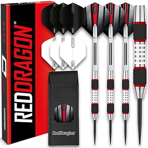 RED DRAGON Evos: 24 Gram Tungsten Dartpfeile Profi Steel Darts Set mit Flights, Schäfte and Brieftasche Cover