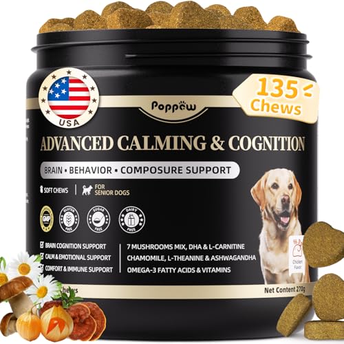 POPPAW Advanced Calming Chews for Dogs-Brain & Composure Support with 7 Mushrooms, Ashwagandha, Omega-3 DHA & EPA, Anxiety Relief Dog Calming Treat, All Breeds & Sizes, Chicken Flavor, 135Ct