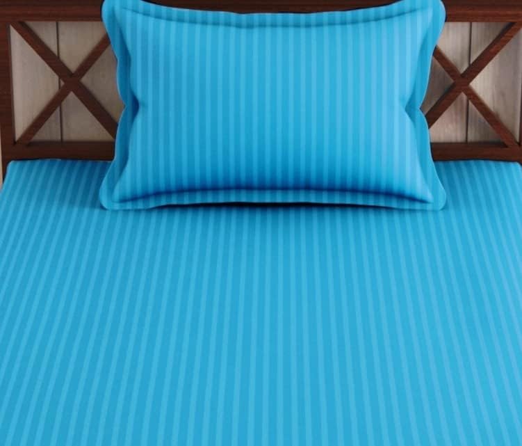 Image of Trance Home Linen 100% Cotton 78x36 inch Single Fitted 200TC Satin Stripe Elastic Bedsheet | Single Bed Size Daily use Fitted Bedspread with 1 Pillow Cover (78 inchx36 inch | 6.5x3 feet, Aqua Turquoise Blue)