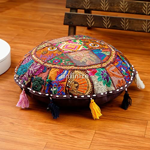 Iinfinize Indian Home Decor Bohemian Seating Pouf Meditation Vintage Hand Embroidered Cotton Handmade Patchwork Round Sofa Cushion Cover 16 Inch Floor Pillow Cover (Brown) #TOP1