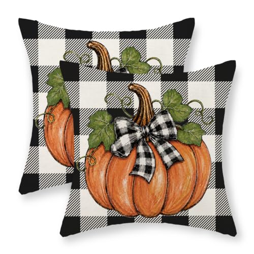 DAFENA Fall Orange Pumpkin Pillow Covers 18x18 Set of 2 Buffalo Plaid