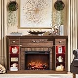 IFBUY 54' Farmhouse Electric Fireplace with Mantel, 33' Tall LED Fireplace TV Stand w/7 Lighting Colors, 23'' Freestanding Electric Fireplace Heater, Open Adjustable Shelves & Drawers, Brown