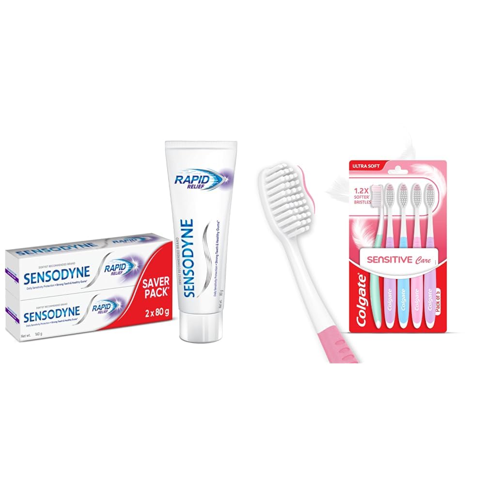 Sensodyne Toothpaste Rapid Relief | Fast Sensitivity Relief Tooth Paste Combo Pack - 160gm (80gm x 2) | Fresh Taste | Dentist Recommended & Colgate Sensitive Care Toothbrush Set of 5 | Ultra Soft-image-25