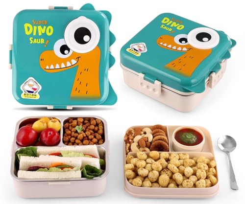 Image of TEKCOOL 3-Compartment Stainless Steel Lunch Box - Insulated, Leak-Proof & BPA-Free Bento Box with Tray, Spoon & Container for School, Office, Travel - 1120ml + 70ml, Green;