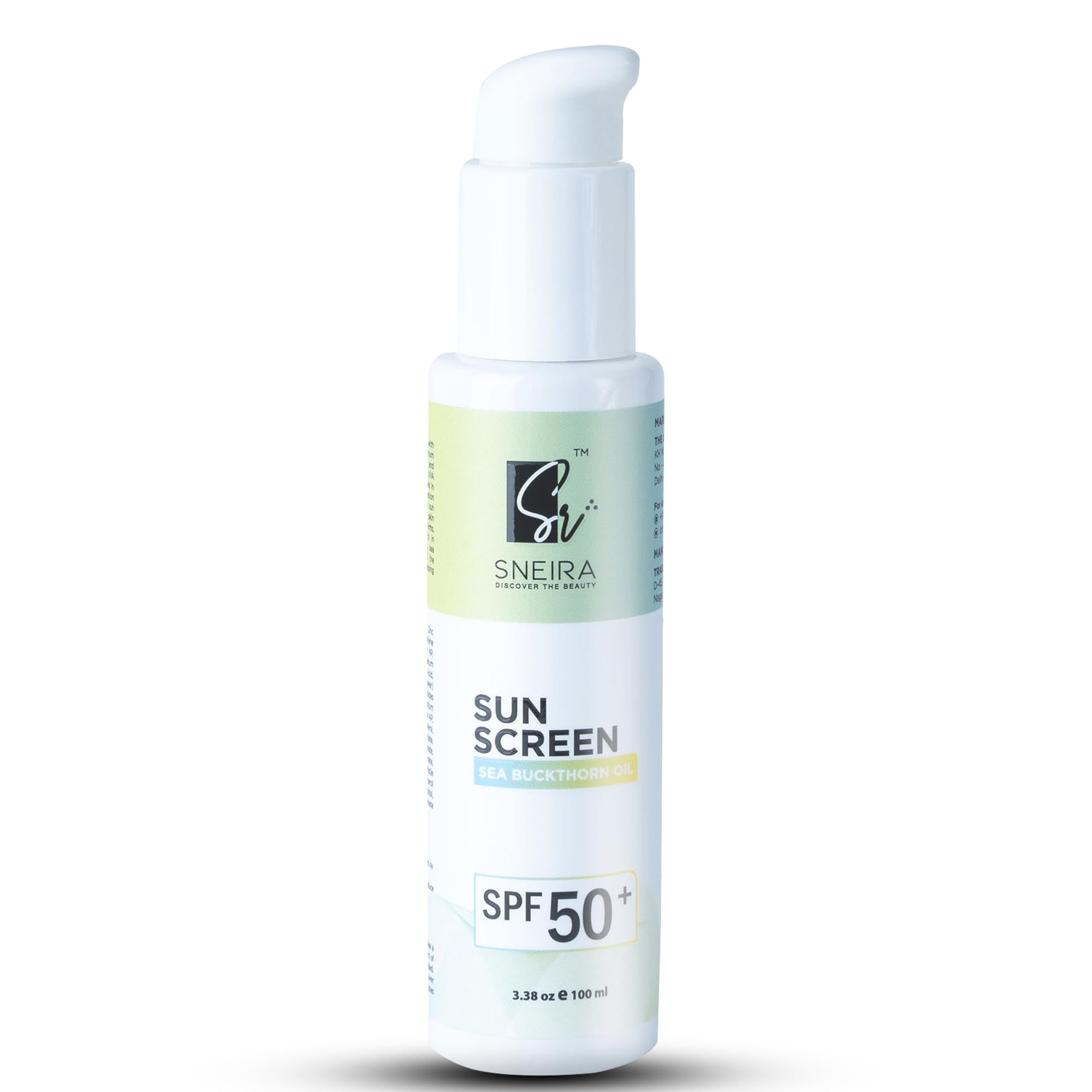 SNEIRA SEA BUCKTHORN OIL Sunscreen SPF 50+ 100 ml, Broad Spectrum UVA & UVB Protection for Face-Body, Fast Absorbing with No White Cast Paraben Free, Water Resistant For All Type Of Skin (Women & Men)
