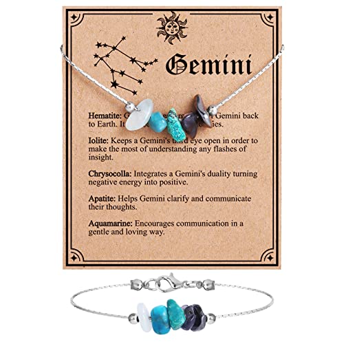 MJartoria Natural Stone Zodiac Sign Choker Necklace and Bracelet for Women Horoscope Healing Stone Astrology Jewelry Birthday Gifts Silvery (Gemini(5.21-6.21))