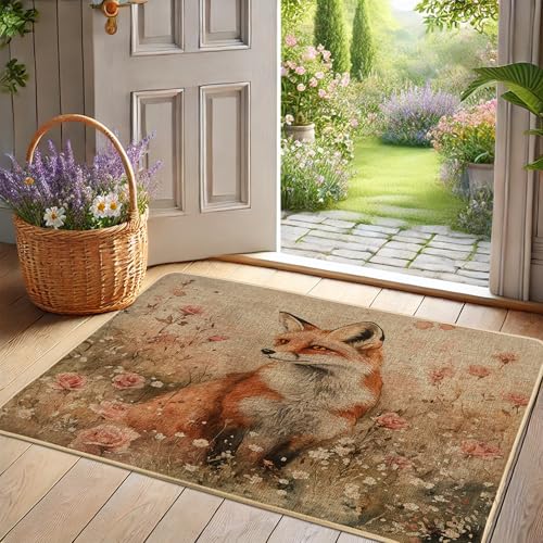 Paillasson renard d'automne - Motif renard orange rustique pour entrée intérieure et extérieure - Respectueux de l'environnement - Antidérapant -...