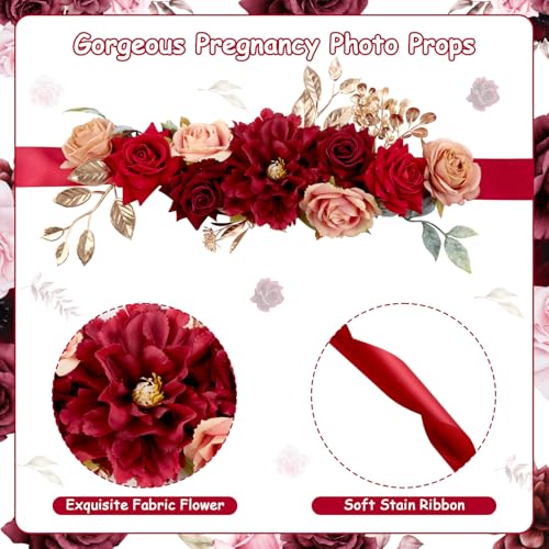 Burgundy Red Flower Belt Maternity Sash, Rose Gold Handmade Flower Belly Belt for Wedding Baby Shower Gender Reveal Party Decorations Supplies Photo Props 5