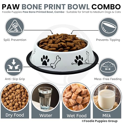 Image of Foodie Puppies Stainless Steel Dog Bowl Combo - (Medium, 700ml) Food and Water Feeding Gift Bowl | Suitable for Dogs, Cats and Other Pets I Paw Bone Print, Anti-Skid Rubber Base (White + Red)