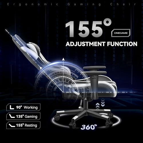 OneGame Gaming Sthul, Ergonomischer Computer Gamer Chair 3D Armrests Bürostuhl höhenverstellbar Drehstuhl mit Verstellbare hohe Rückenlehne 150KG, Weiß