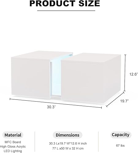 Miniatura 2 de IKIFLY Moderna mesa de centro LED pequeña con compartimento oculto retráctil, mesa de centro blanca de tamaño pequeño alto brillante con luces LED