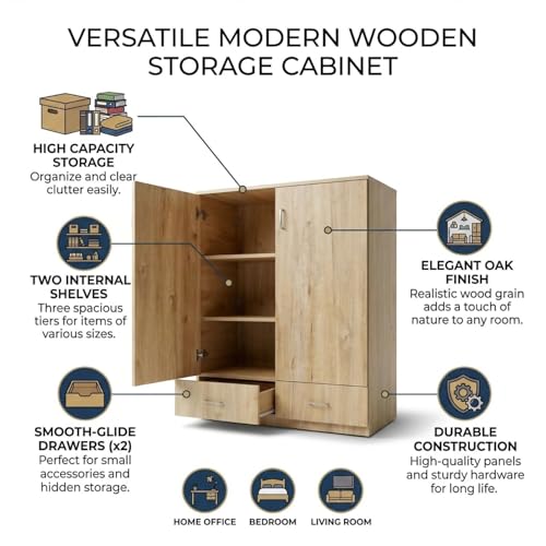 Image of FFO Wooden Storage Cabinet with 2 Doors & 2 Drawers | Multi-Purpose Wardrobe Organizer with Shelves | Engineered Wood Cupboard for Living Room, Bedroom & Office | Modern Sideboard Storage Unit DIY.