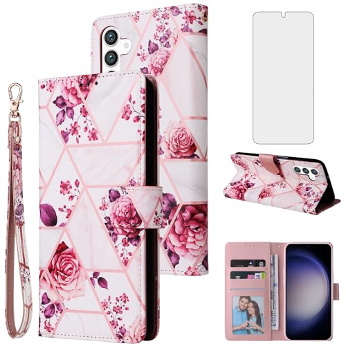 Étui portefeuille Samsung A15 5G Asuwish avec protège-écran verre trempé et rabat cuir rose gold