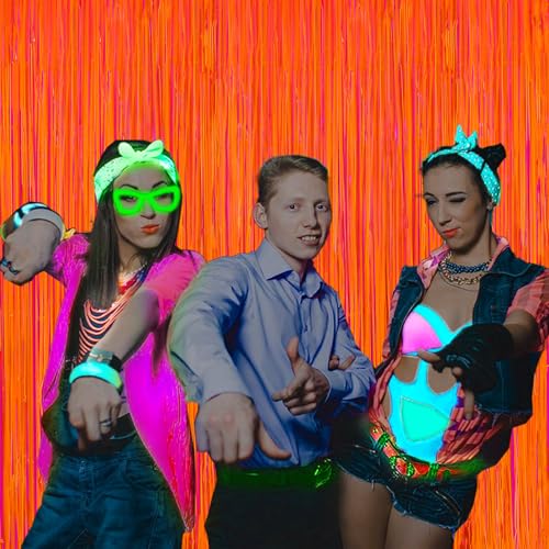 Image of 2Pack Glow in The Dark Party Supplies, Neon Party Decorations 6.6x6.6ft Fluorescent Macaron Orange Tinsel Foil Fringe Curtains, Photo Booth Prop Backdrop Luminous Streamer, Birthday Halloween Party