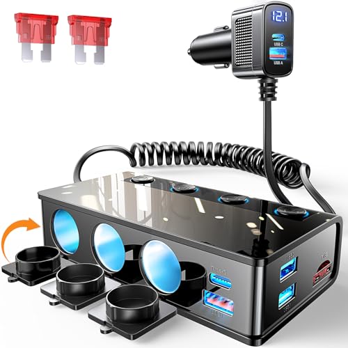 LISEN 9 in 1 Car Cigarette Lighter Multi Socket, 191W Cigarette Lighter Splitter USB C Charger PD & QC 3.0 12V Car Charger Adapter Accessories for iPhone 17 16 15 14 Samsung GPS Dash Cam Car