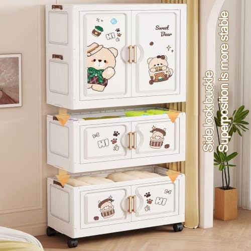Image of Kids Plastic Wardrobe for Clothes Storage | Baby Cupboard & Almirah with Hanging Rod & Shelves | Portable Collapsible Storage Cabinet for Bedroom | Cartoon Kids Wardrobe