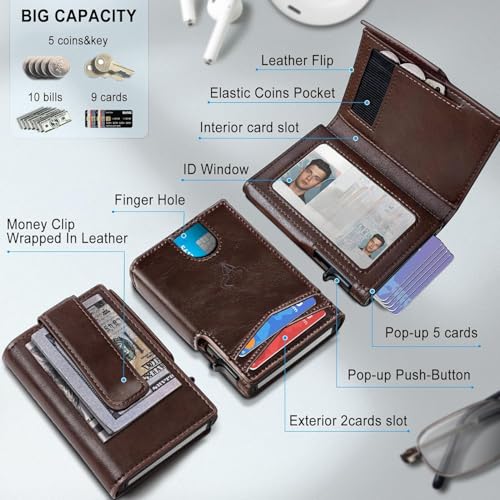 Image of VOGARD Slim RFID Blocking Wallet for Men | Pop-Up Card Holder with Money Clip & Coin Pocket | Magnetic Flip Leather Wallet | Holds 9 Cards, Cash & Keys | Coffee