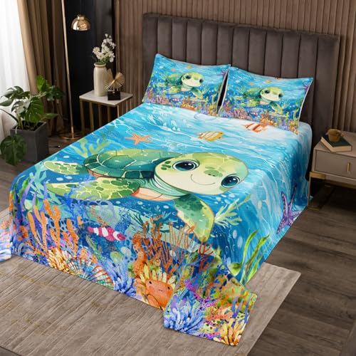 Feelyou Toddler Sea Turtle Bedspread for Kids Boys Girls Ocean Quilted Coverlet Twin Size Reptile Tortoise Coverlet Set Room Decor Coastal Quilted Nautical Beach Quilt Set