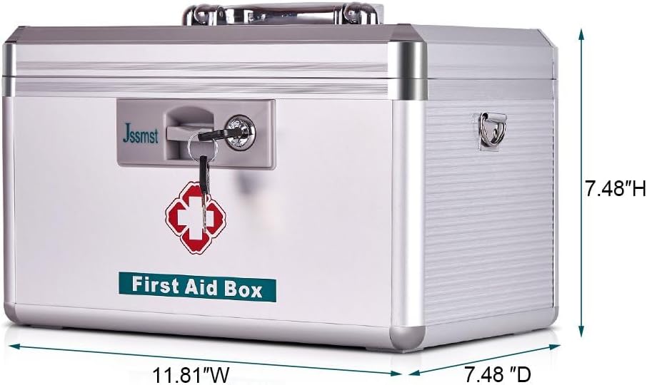 Jssmst Medication Lock Box with Key, Medicine Lock Box for Medication Storage, First Aid Box Locked Medicine Case, Key Safe Locking Box for Drugs Use, 12 x 7.4 x 8.1 inches, Silver