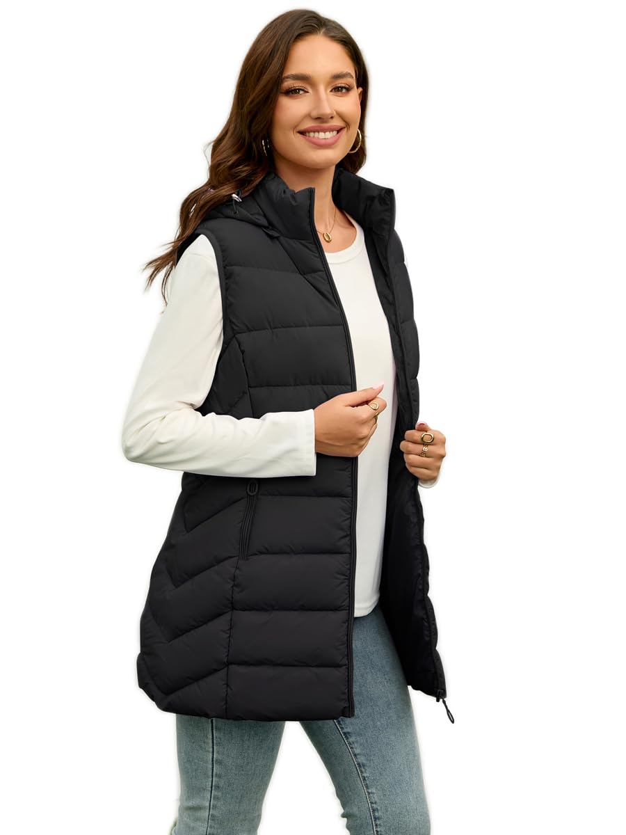 Long Puffer Vest for Women with Hood