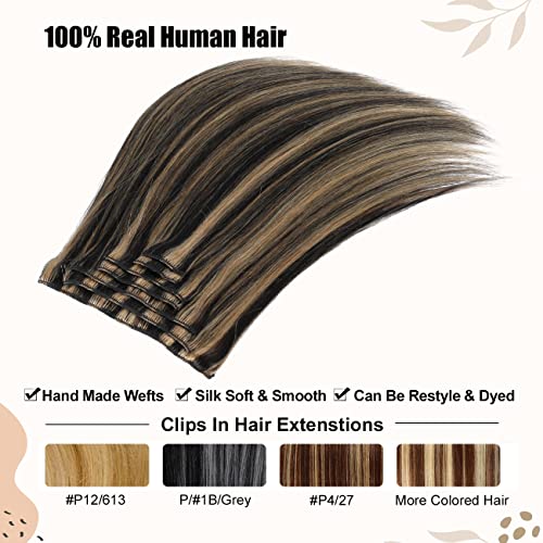 Asteria Hair Clip In Extensions Human Hair Full Head Ombre Natural Black Fading To Honey Blonde Real Hair Extensions Clip In Human Hair Highlights Straight Clip Ins For Women 7 Pcs 120G 18 Inch #TOP2