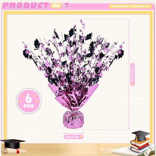 Image of 6 Packs Graduation Decorations Centerpieces for Tables Metallic Foil Star Graduate Cap Burst Tabletop Display in Pink and Black for Grad Ceremonies Celebrations Party Decor Supplies 12 (Pink)