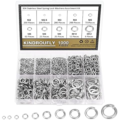 1000 Pieces 304 Stainless Steel Lock Washers, Split Lock Washers, Kindroufly 9 Sizes Spring Lock Washers, Lock Metal Washers Assortment Kit (M2 M2.5 M3 M4 M5 M6 M8 M10 M12) Cover