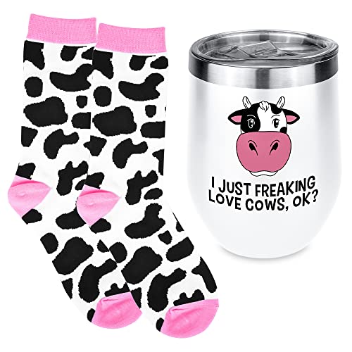 Cow Themed Gifts- Cow Print Tumbler Cup Gift for Women with Cow Print Socks- Gift Idea for Cow Lover- Farm Gifts for Women