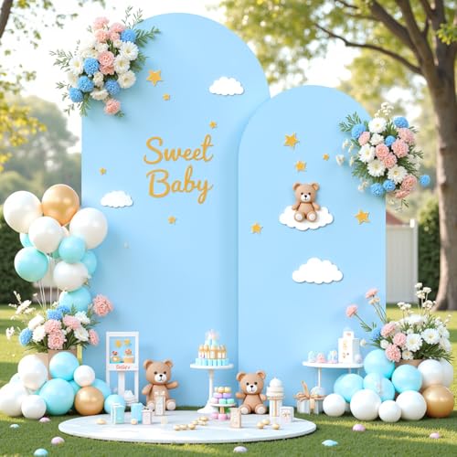 Image of Baby Blue Photo Arch Backdrop Cover Set of 2 for Baby Shower Party 7.2ft and 6ft Arch Covers Stretchy Backdrop Spandex Arch Stand Covers for Boys Birthday Bridal Shower Ceremony Banquet Background