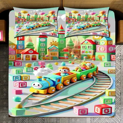Image of 7D Flat Bedsheet 400TC Sheet Set, Kids Design bedsheet, Floral Design, Decorative Bedding with Daisy Pattern, Kids Room Decor, 90X100 Inch (Train)
