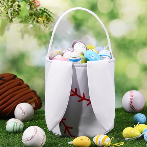 Image of Kacctyen Easter Baseball Bunny Basket Easter Sports Baskets with Rabbit Ears Tote Easter Snack Bags for Easter Egg Hunt Game