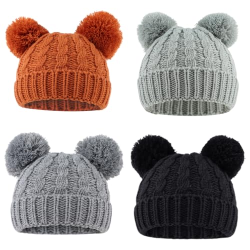 Image of Yuoahcn Baby Girl Beanie Winter Baby Boy Hat with Pom pom Warm Infant Knitted Hats Toddler Kid Beanies (0-6 Months, Black+Caramel+Gray+Bean Green)