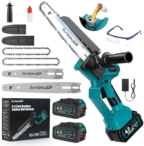 SundpeyPRO Mini Tronçonneuse à Batterie 8 Et 6 Pouces 1180W - Sans Fil Avec 2 Batteries 4.0Ah, Lubrification Auto, Pour Jardin Et Bricolage