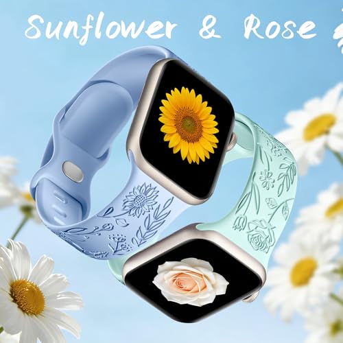 Image of SNBLK 6 Pack Floral Engraved Bands Compatible with Apple Watch Bands 40mm 41mm 42mm 38mm 44mm 45mm 46mm 49mm Women Men, Silicone Flower Pattern Strap for iWatch Series 11 10 Se Ultra 9 8 7 6 5 4 3 2 1