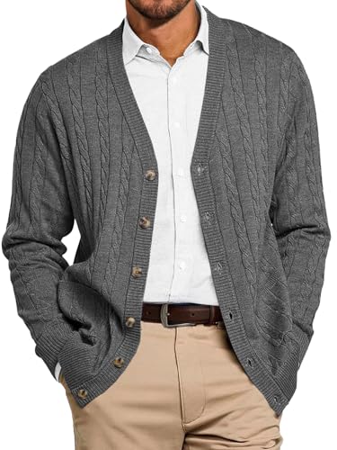 Runcati Mens Cable Knit Cardigan Sweater V Neck Casual Button Down Sweaters Long Sleeve Fall Outwear with Pockets Dark Grey
