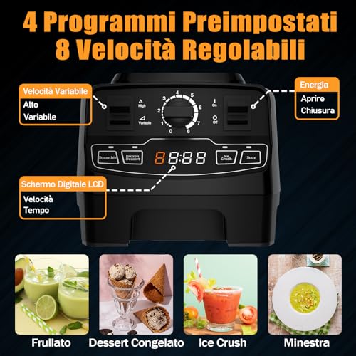 Enfmay Frullatore Smoothie, Frullatore Professionale 2000W con 8 Velocità Regolabili e 4 Preprogrammi, 2L Capacità, Frullatore per Frullati con Display LCD, Autopulente, 8 Lame Inossidabile, 33000RPM - 2