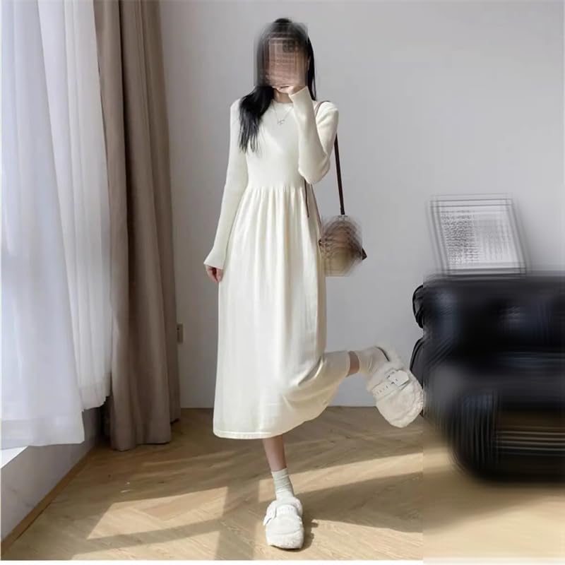 Vestido de punto simple casual ajustado para mujer, cuello redondo, manga larga, acampanado, vestido largo