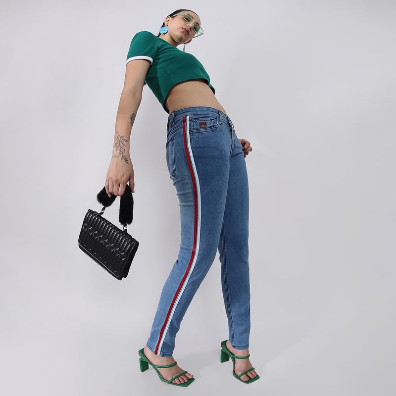 Image of PINACOLADA Women's Side-Striped Denim Jeans for Casual Wear | Light-Wash | Regular Fit | Button Closure | Cotton Denim Jeans Crafted with Comfort Fit for Everyday Wear