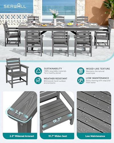 Image of SERWALL 9 Piece 84 inch HDPE Outdoor Dining Set for 8 with Armchairs and Umbrella Hole, Gray