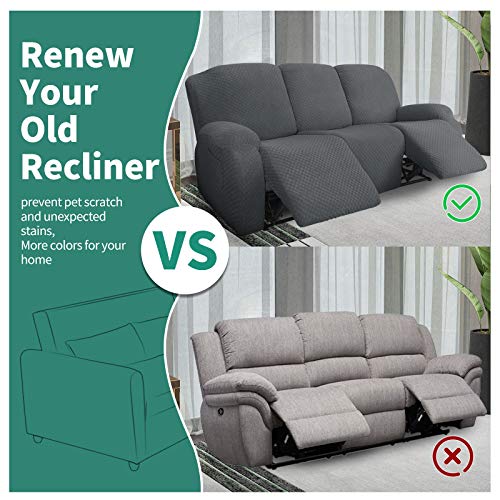 Image of YEMYHOM 8 Pieces Stretch Recliner Sofa Cover Jacquard Reclining Couch Cover with Side Pocket Anti-Slip Fitted 3 Cushion Furniture Slipcovers with Elastic Bottom (Sofa Recliner, Dark Gray)
