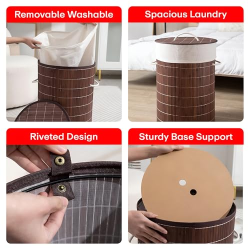 Image of Rioware Bamboo laundry bag basket for clothes with lid toy storage organiser box foldable Round Home Organizer and Storage | Eco Friendly | Compact and Easy to carry Dark Brown Econest