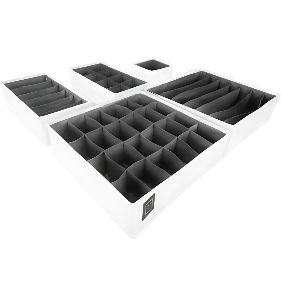 Bermondsey Division White Set Of 5 Drawer Organiser Divider Charcoal Grey Drawer Divider Clothes Drawer Organisers Wardrobe Organiser Underwear Storage Drawer Dividers Draw Organizer (White/Grey)