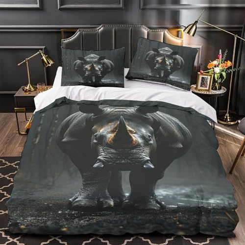 Housse de couette imprimé rhinocéros 3D anti-plis en microfibre douce